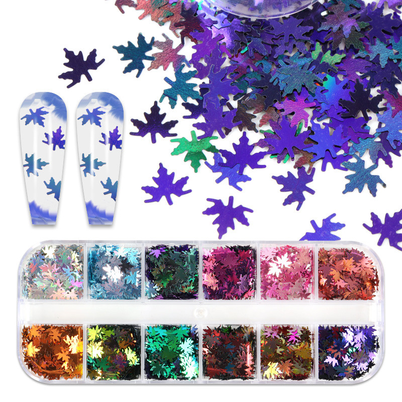 12 tinklelių Chameleono klevo lapų nagų blizgučiai Holografiniai oranžiniai kritimo lapai dribsniai „pasidaryk pats“ rudens nagų reikmenys Priedai