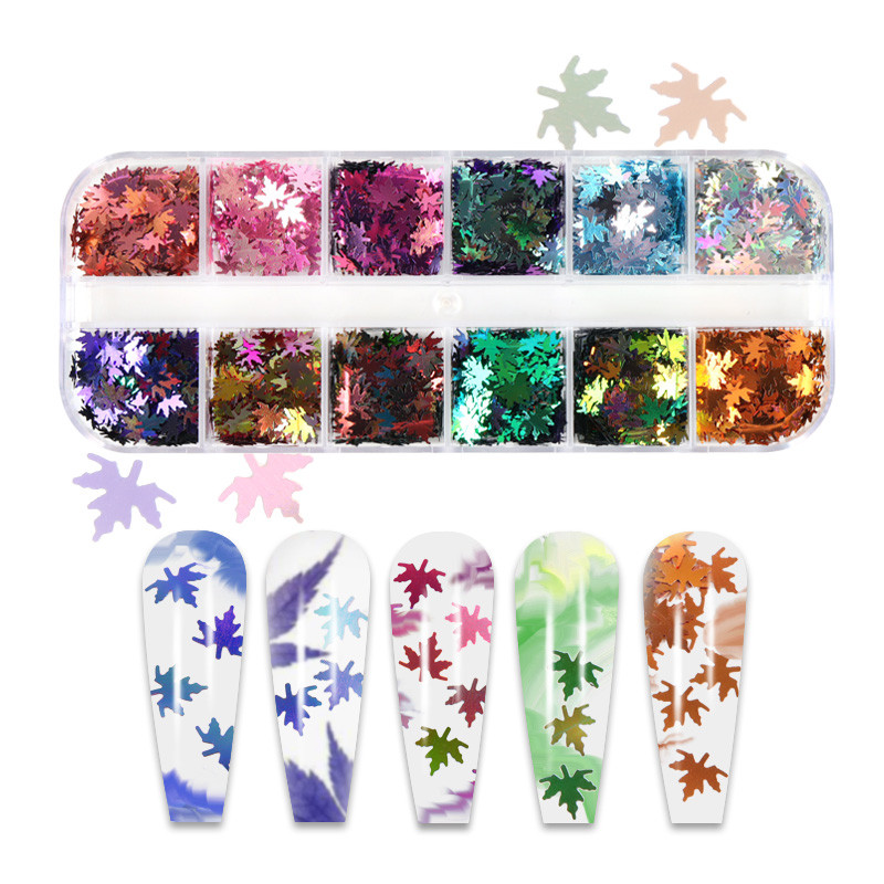 12 tinklelių Chameleono klevo lapų nagų blizgučiai Holografiniai oranžiniai kritimo lapai dribsniai „pasidaryk pats“ rudens nagų reikmenys Priedai