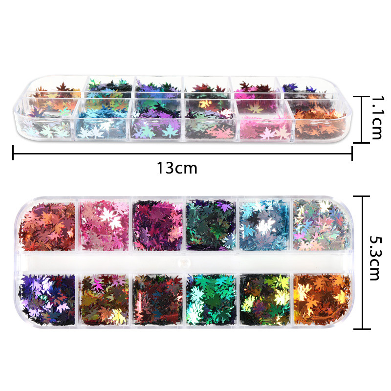 12 tinklelių Chameleono klevo lapų nagų blizgučiai Holografiniai oranžiniai kritimo lapai dribsniai „pasidaryk pats“ rudens nagų reikmenys Priedai