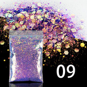 Αξεσουάρ διακόσμησης για μανικιούρ DIY 50g/τσάντα ιριδίζον μικτό εξάγωνο σχήμα γκλίτερ με πούλιες ουράνιο τόξο ημιδιαφανές νιφάδες