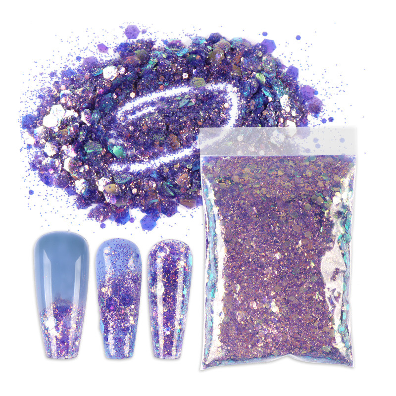 Αξεσουάρ διακόσμησης για μανικιούρ DIY 50g/τσάντα ιριδίζον μικτό εξάγωνο σχήμα γκλίτερ με πούλιες ουράνιο τόξο ημιδιαφανές νιφάδες