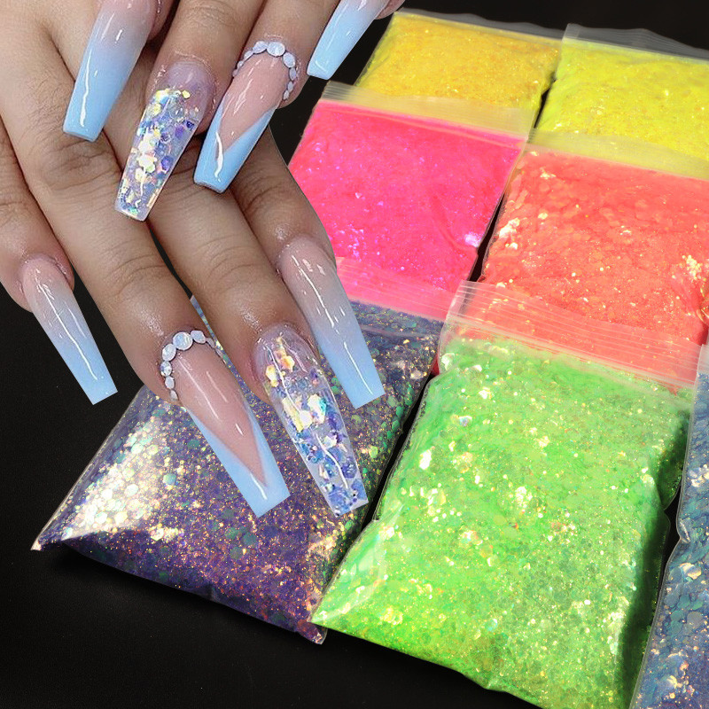 Αξεσουάρ διακόσμησης για μανικιούρ DIY 50g/τσάντα ιριδίζον μικτό εξάγωνο σχήμα γκλίτερ με πούλιες ουράνιο τόξο ημιδιαφανές νιφάδες