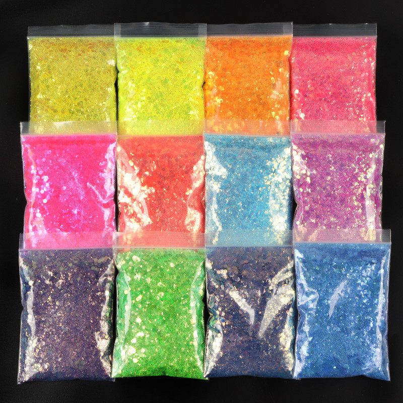 Αξεσουάρ διακόσμησης για μανικιούρ DIY 50g/τσάντα ιριδίζον μικτό εξάγωνο σχήμα γκλίτερ με πούλιες ουράνιο τόξο ημιδιαφανές νιφάδες