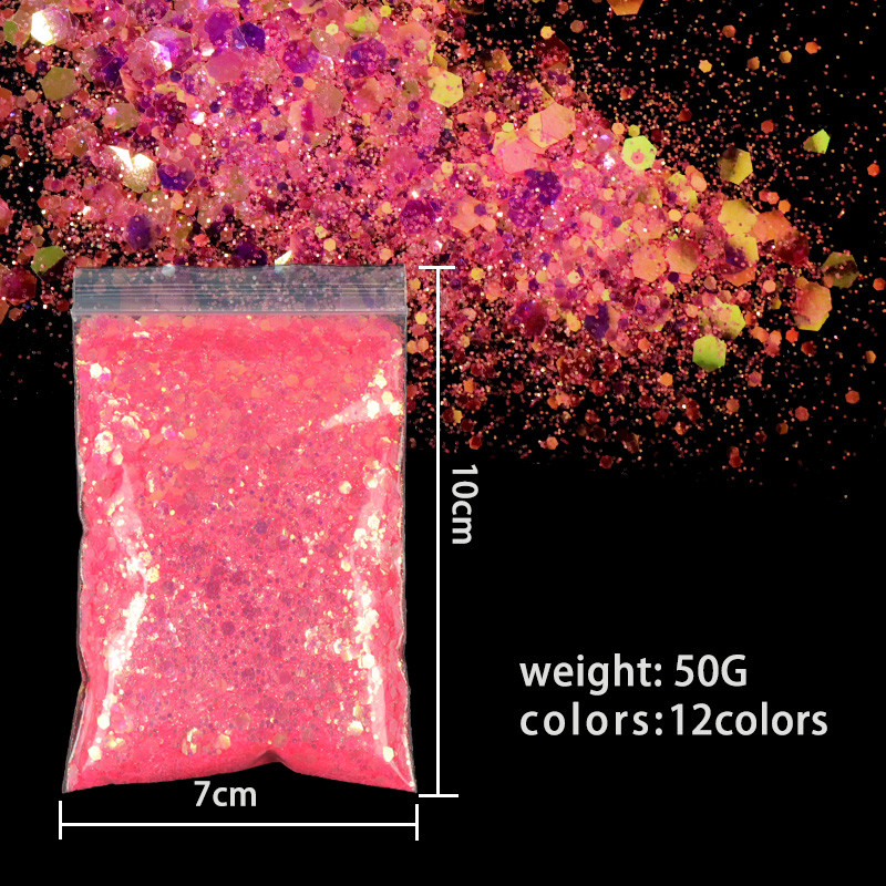 Αξεσουάρ διακόσμησης για μανικιούρ DIY 50g/τσάντα ιριδίζον μικτό εξάγωνο σχήμα γκλίτερ με πούλιες ουράνιο τόξο ημιδιαφανές νιφάδες