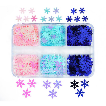 6 решетки Blue Snowflake Nail Art Пайети Русалка Снежни люспи Направи си сам Зимен дизайн на маникюр Коледни аксесоари за декорация на нокти