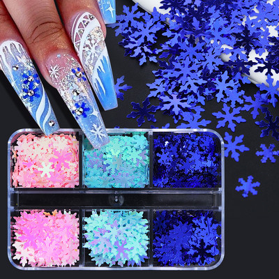 6 Režģi Blue Snowflake Nail Art Sequin Mermaid Snow Flakes DIY Ziemas manikīra dizains Ziemassvētku nagu mākslas apdares aksesuāri