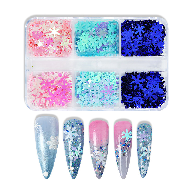 6 tinkleliai Blue Snowflake Nail Art Sequin Mermaid Snow Flakes Pasidaryk pats žiemos manikiūro dizainas Kalėdų nagų dailės dekoravimo priedai