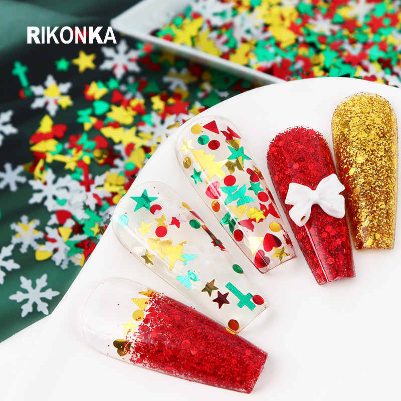 10g Μικτό Χριστουγεννιάτικο Nail Art Glitter Sequins Διακόσμηση Λευκό Snowflake Star Xmas Tree Shape Flakes DIY χειμωνιάτικα αξεσουάρ νυχιών