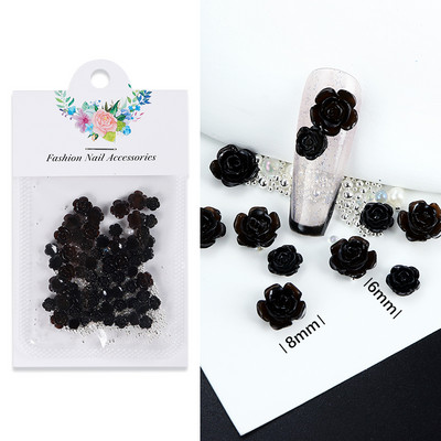 50 τμχ Μαύρη Camellia Nail Art Charms Τρισδιάστατη ρητίνη τριαντάφυλλο λουλούδι στρας μεταλλικό μαργαριτάρι Ιαπωνικό-κορεατικό αξεσουάρ διακόσμησης νυχιών
