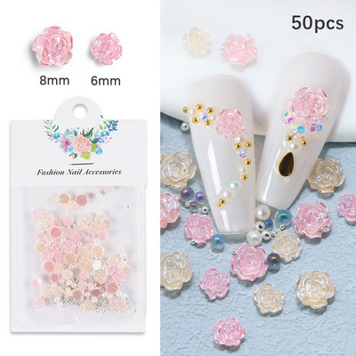 50 τμχ Μαύρη Camellia Nail Art Charms Τρισδιάστατη ρητίνη τριαντάφυλλο λουλούδι στρας μεταλλικό μαργαριτάρι Ιαπωνικό-κορεατικό αξεσουάρ διακόσμησης νυχιών