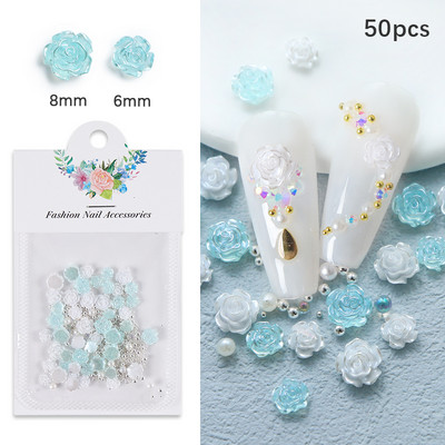 50 τμχ Μαύρη Camellia Nail Art Charms Τρισδιάστατη ρητίνη τριαντάφυλλο λουλούδι στρας μεταλλικό μαργαριτάρι Ιαπωνικό-κορεατικό αξεσουάρ διακόσμησης νυχιών