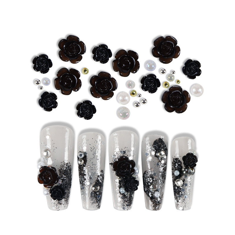 50 τμχ Μαύρη Camellia Nail Art Charms Τρισδιάστατη ρητίνη τριαντάφυλλο λουλούδι στρας μεταλλικό μαργαριτάρι Ιαπωνικό-κορεατικό αξεσουάρ διακόσμησης νυχιών