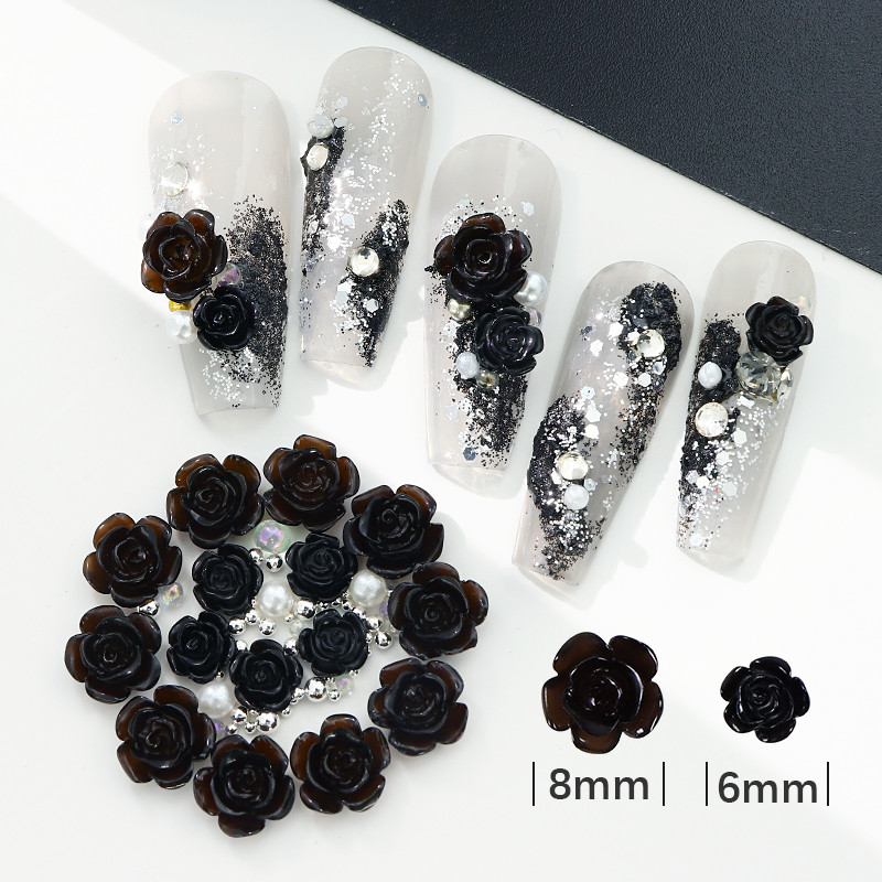 50 τμχ Μαύρη Camellia Nail Art Charms Τρισδιάστατη ρητίνη τριαντάφυλλο λουλούδι στρας μεταλλικό μαργαριτάρι Ιαπωνικό-κορεατικό αξεσουάρ διακόσμησης νυχιών