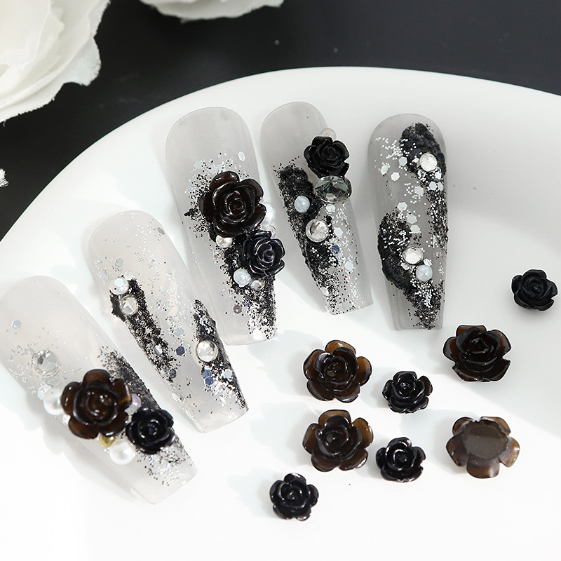 50 τμχ Μαύρη Camellia Nail Art Charms Τρισδιάστατη ρητίνη τριαντάφυλλο λουλούδι στρας μεταλλικό μαργαριτάρι Ιαπωνικό-κορεατικό αξεσουάρ διακόσμησης νυχιών