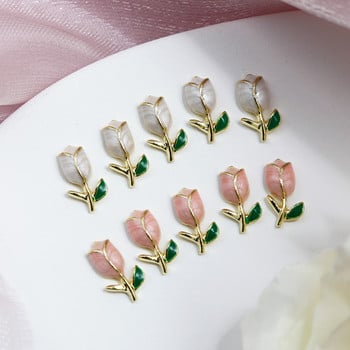 5Pcs Pink White Tulip Nails Charms Decoration 3D Alloy Flower Luxury Part Направи си сам Японско-Корейски Kawaii Консумативи за нокти Аксесоари