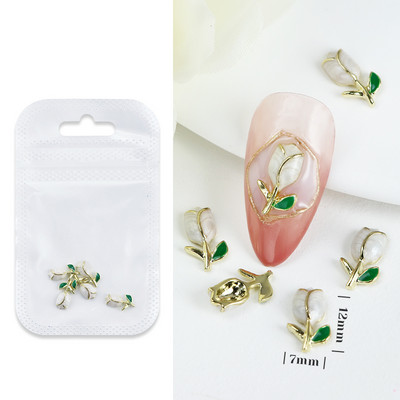 5 τμχ Ροζ Λευκή Τουλίπα Νύχια Γούρια Διακόσμηση Τρισδιάστατο κράμα Λουλούδι Πολυτελές ανταλλακτικό DIY Αξεσουάρ προμήθειες νυχιών ιαπωνικής-κορεατικής Kawaii