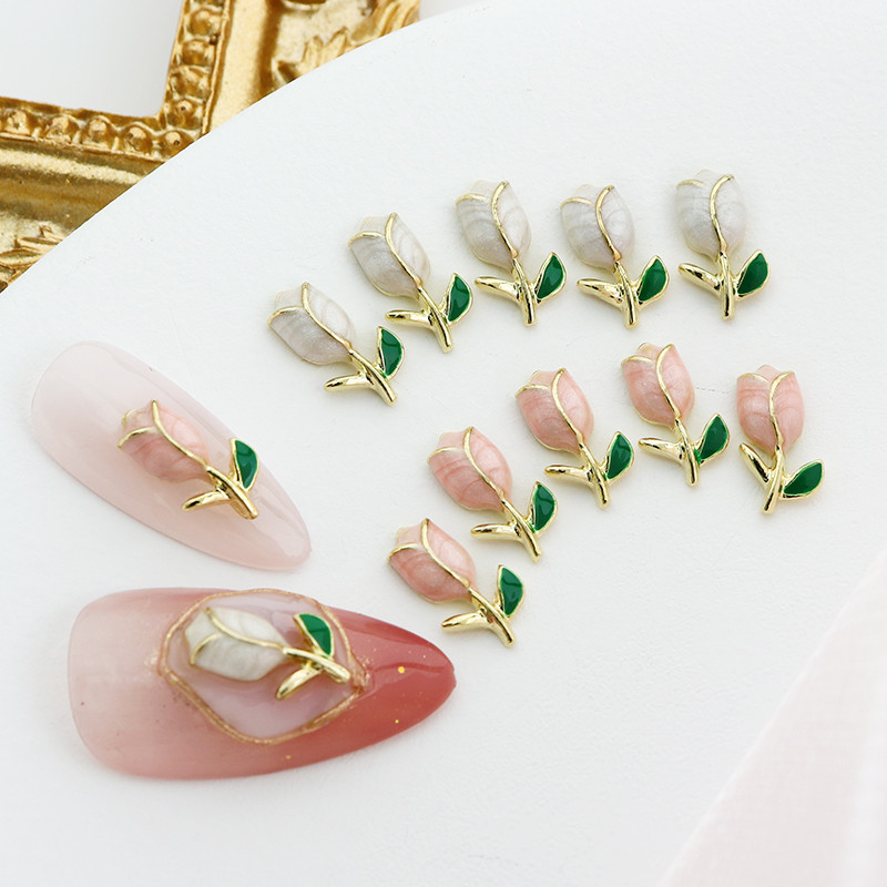 5 τμχ Ροζ Λευκή Τουλίπα Νύχια Γούρια Διακόσμηση Τρισδιάστατο κράμα Λουλούδι Πολυτελές ανταλλακτικό DIY Αξεσουάρ προμήθειες νυχιών ιαπωνικής-κορεατικής Kawaii