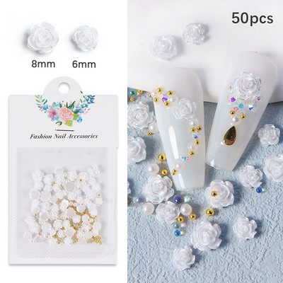 50db fehér kamélia körömdísz 3D gyanta rózsa virág strassz fém gyöngy japán-koreai köröm kellékek kellékek