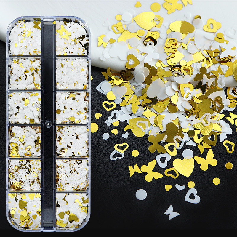 12 tinklelių balti drugeliai nagų blizgučiai mišrūs auksiniai apvalūs meilės formos dribsniai "pasidaryk pats" Kawaii nagų dailės dekoravimo priedai