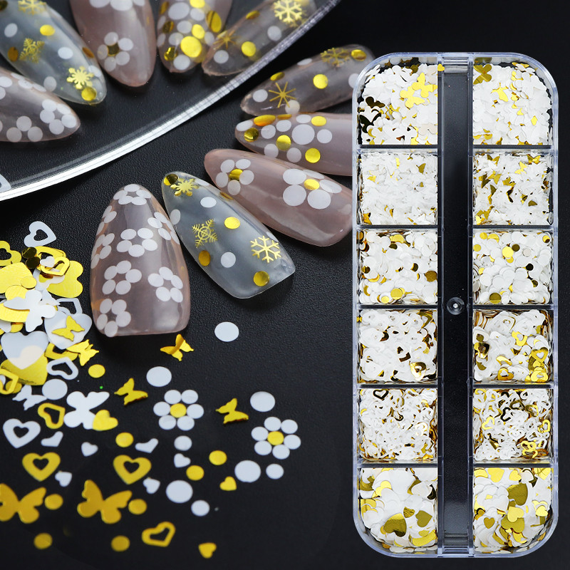 12 tinklelių balti drugeliai nagų blizgučiai mišrūs auksiniai apvalūs meilės formos dribsniai "pasidaryk pats" Kawaii nagų dailės dekoravimo priedai