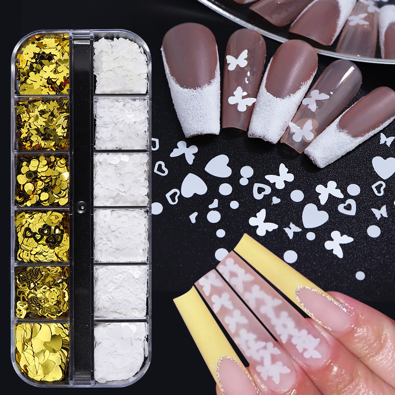 12 tinklelių balti drugeliai nagų blizgučiai mišrūs auksiniai apvalūs meilės formos dribsniai "pasidaryk pats" Kawaii nagų dailės dekoravimo priedai