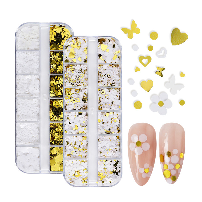 12 tinklelių balti drugeliai nagų blizgučiai mišrūs auksiniai apvalūs meilės formos dribsniai "pasidaryk pats" Kawaii nagų dailės dekoravimo priedai