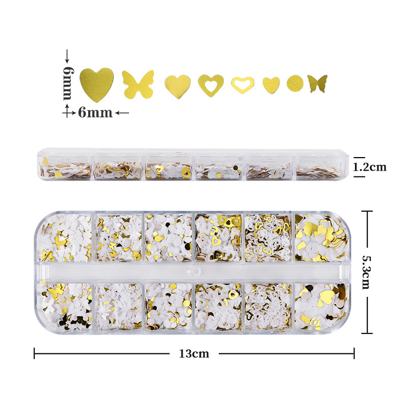 12 tinklelių balti drugeliai nagų blizgučiai mišrūs auksiniai apvalūs meilės formos dribsniai "pasidaryk pats" Kawaii nagų dailės dekoravimo priedai