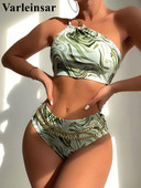 Seksuali metalinė grandinėlė ant vieno peties margintas bikinis, moteriškas maudymosi kostiumėlis, moteriškas maudymosi kostiumėlis Dviejų dalių bikinio rinkinys maudymosi kostiumėliui maudymosi kostiumėliui V4168