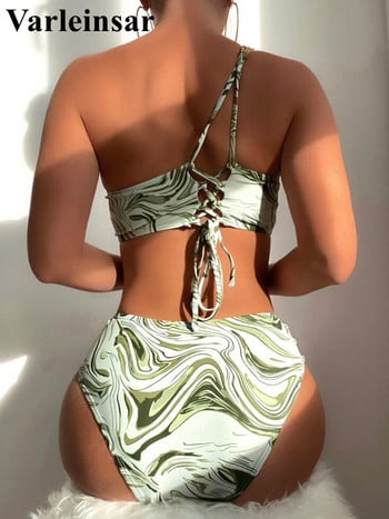 Sexy Metal Chain One Shoulder Printed Bikini Γυναικείο Μαγιό Γυναικεία Μαγιό Σετ μπικίνι δύο τεμαχίων Bather Μαγιό Swim V4168