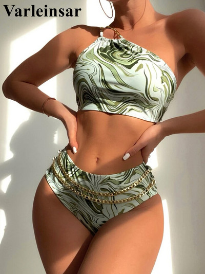 Seksīga metāla ķēde uz viena pleca apdrukāta bikini sieviešu peldkostīms sieviešu peldkostīmi Divdaļīgs bikini komplekts peldkostīms peldēšanai V4168