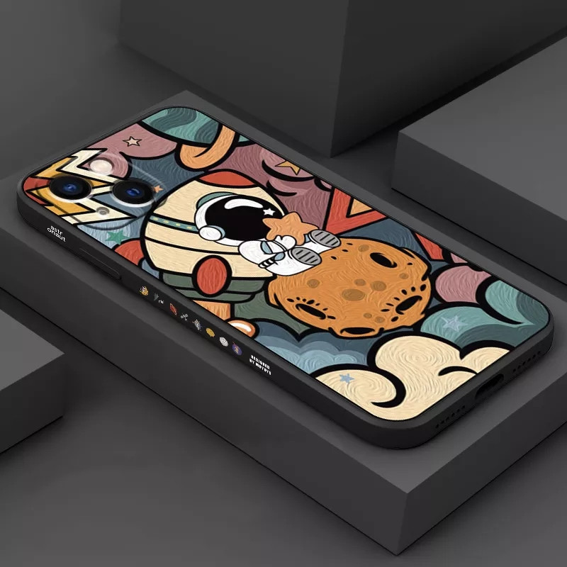 Cartoon Astronaut kvadratinis silikoninis dėklas, skirtas iPhone 11 12 13 14 Pro Max Mini XR X XS 7 8 Plus SE 2020 smūgiams atsparus buferio galinis dangtelis