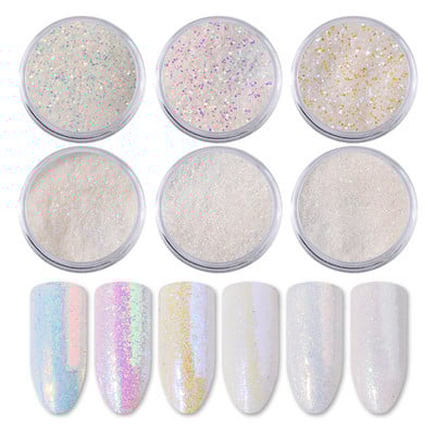 6 vnt./rinkinys Vienaragis Aurora White Sequins Nail Art Blizgučiai pudra Mermaid Dust smulkių dribsnių dekoracijos, skirtos „pasidaryk pats“ nagų aksesuarams