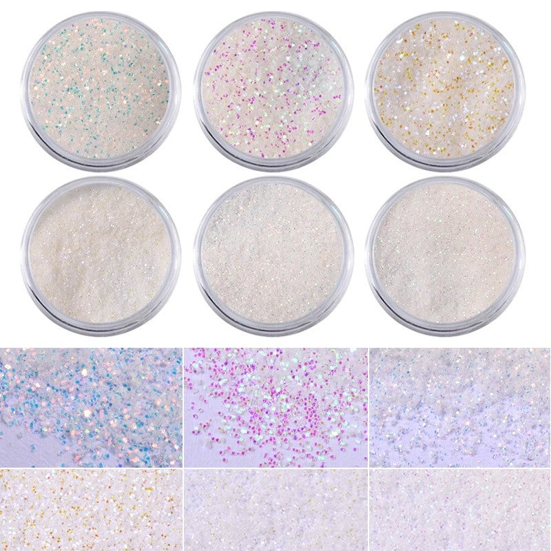 6 vnt./rinkinys Vienaragis Aurora White Sequins Nail Art Blizgučiai pudra Mermaid Dust smulkių dribsnių dekoracijos, skirtos „pasidaryk pats“ nagų aksesuarams