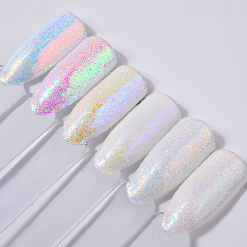 6 vnt./rinkinys Vienaragis Aurora White Sequins Nail Art Blizgučiai pudra Mermaid Dust smulkių dribsnių dekoracijos, skirtos „pasidaryk pats“ nagų aksesuarams
