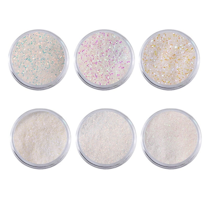 6 vnt./rinkinys Vienaragis Aurora White Sequins Nail Art Blizgučiai pudra Mermaid Dust smulkių dribsnių dekoracijos, skirtos „pasidaryk pats“ nagų aksesuarams