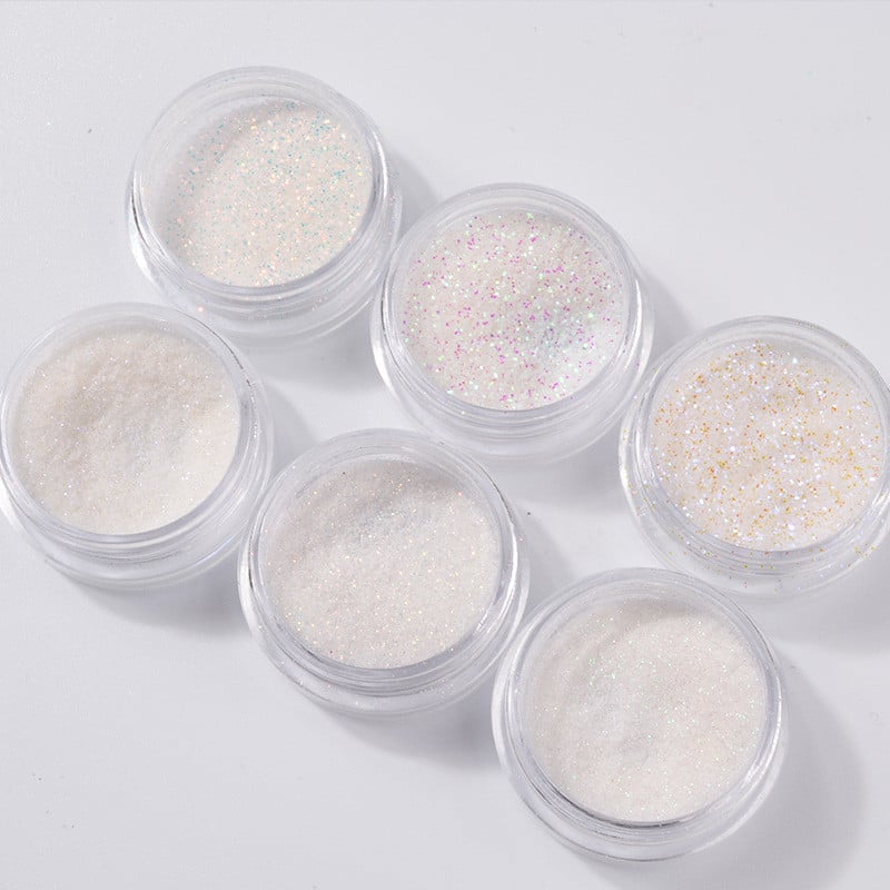 6 vnt./rinkinys Vienaragis Aurora White Sequins Nail Art Blizgučiai pudra Mermaid Dust smulkių dribsnių dekoracijos, skirtos „pasidaryk pats“ nagų aksesuarams