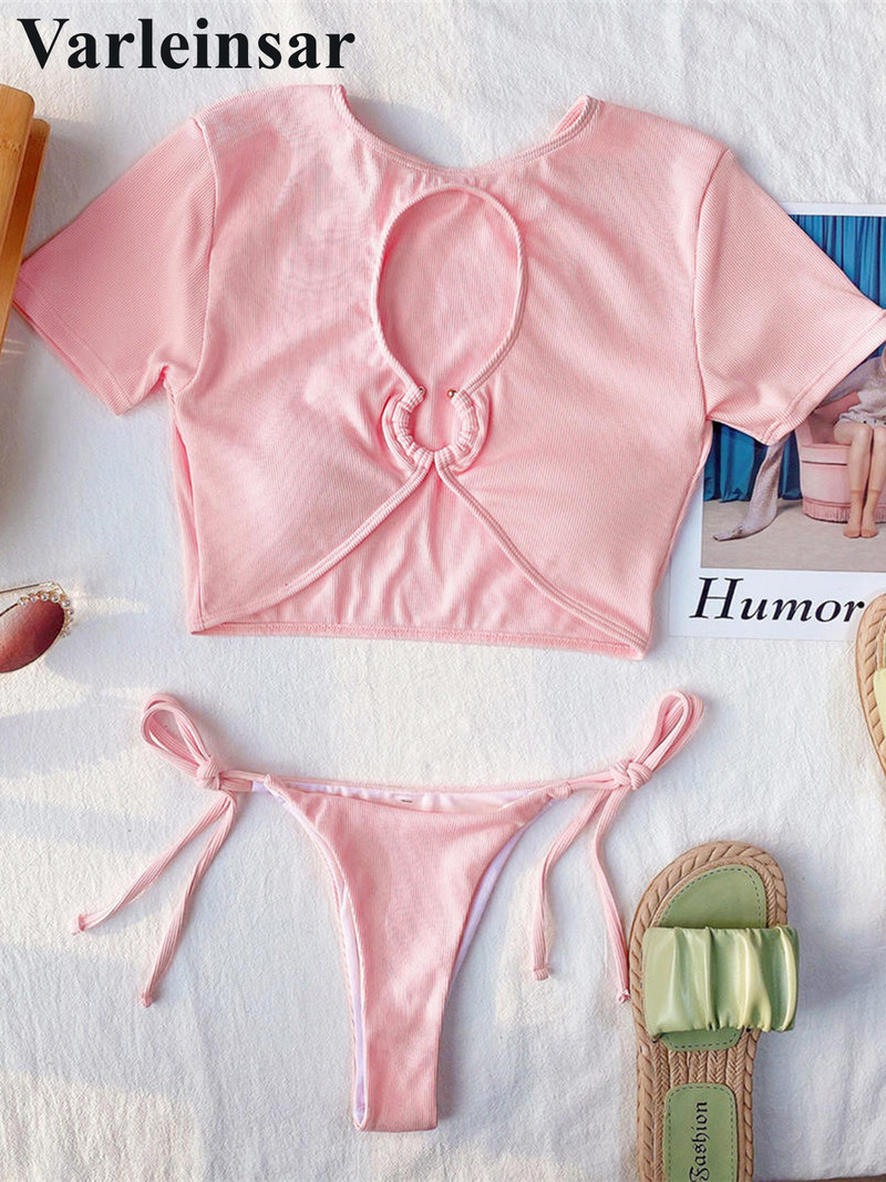 Sexy rievoti ar augstu kakla izgriezumu, īsām piedurknēm bikini sieviešu peldkostīmi sieviešu peldkostīms Divdaļīgs bikini komplekts peldkostīms peldēšanai V3036