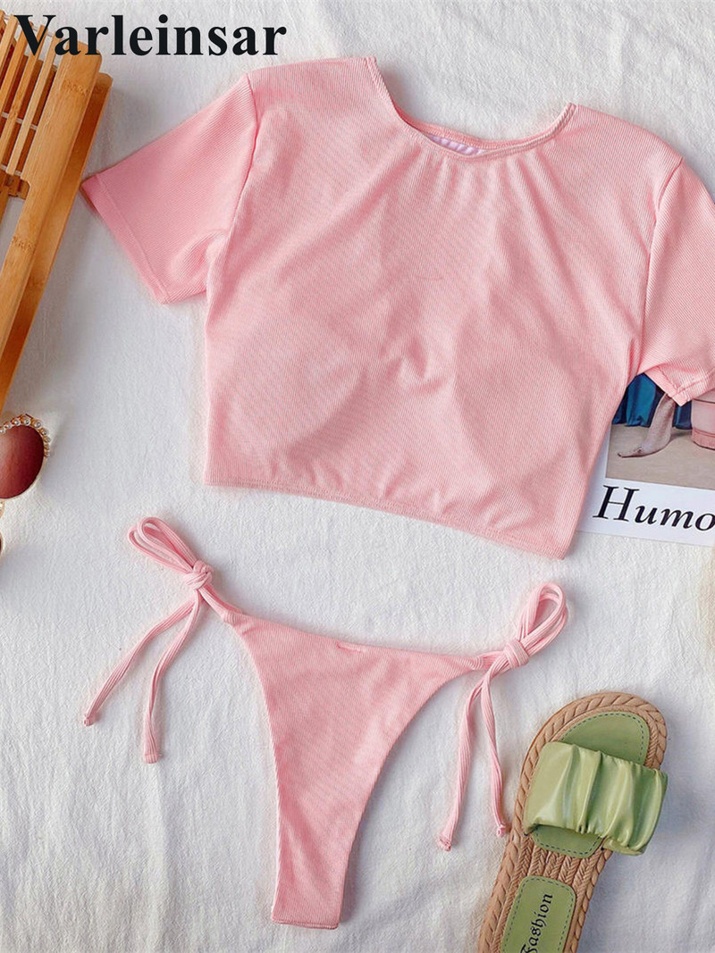 Sexy rievoti ar augstu kakla izgriezumu, īsām piedurknēm bikini sieviešu peldkostīmi sieviešu peldkostīms Divdaļīgs bikini komplekts peldkostīms peldēšanai V3036