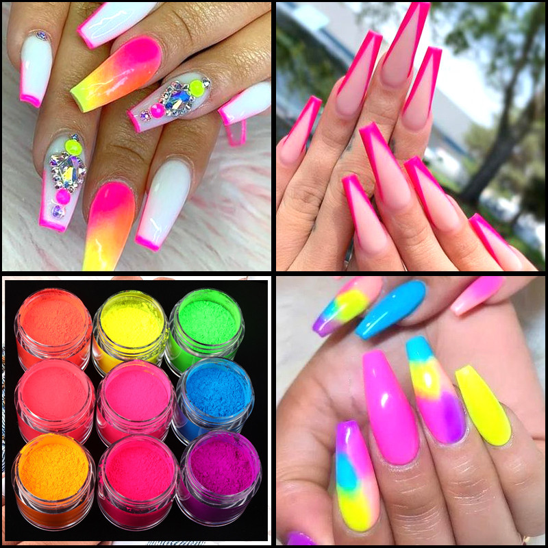9 Krāsas/komplekts Neona Pigmenta Pulveris Fluorescences Nagi Glitter Summer Shinny Dust Ombre DIY Gel Manikīrs Nail Art Dekorācijas 10ML