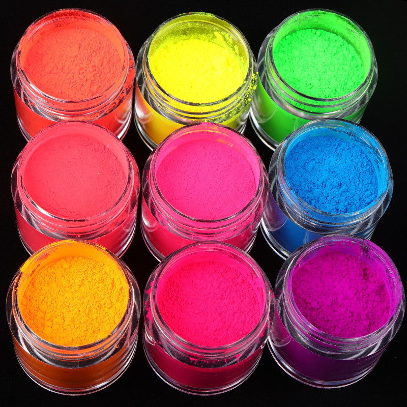9 Krāsas/komplekts Neona Pigmenta Pulveris Fluorescences Nagi Glitter Summer Shinny Dust Ombre DIY Gel Manikīrs Nail Art Dekorācijas 10ML