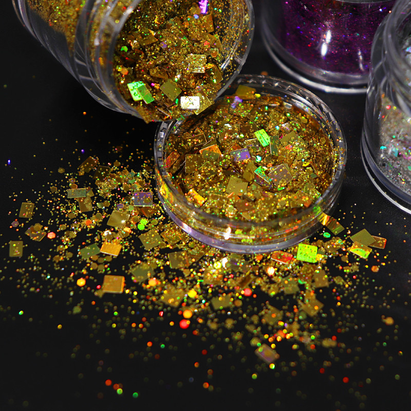 Holograafiline hübriidpigment küünte sära ruudukujuline läikiv Laser Sequin pulber lakk maniküür Disain küünte kaunistamise tööriistade tarvikud