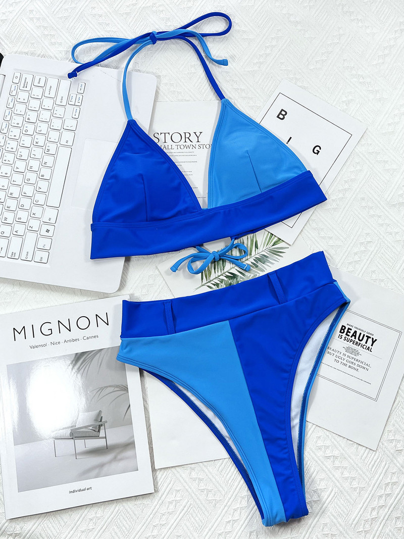 Szexi Splicing Halter magas derekú bikini női fürdőruha Női fürdőruha Kétrészes bikini szett fürdőruha Swim Lady V3642
