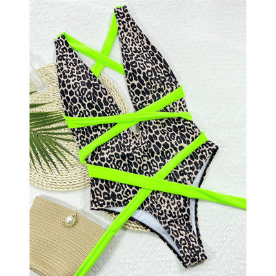 Dziļi V aptinums Leopard Monokini viengabala peldkostīms Sieviešu peldkostīms Sieviešu pārsējs peldkostīms peldkostīms V3715