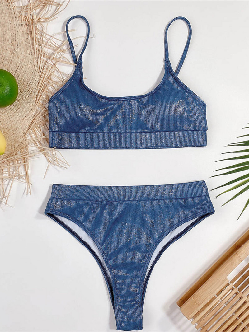 Novi seksi sjajni rebrasti bikini visokog struka Ženski kupaći kostim Ženski kupaći kostim Dvodijelni komplet bikinija Kupaći kostim Swim Lady V2898