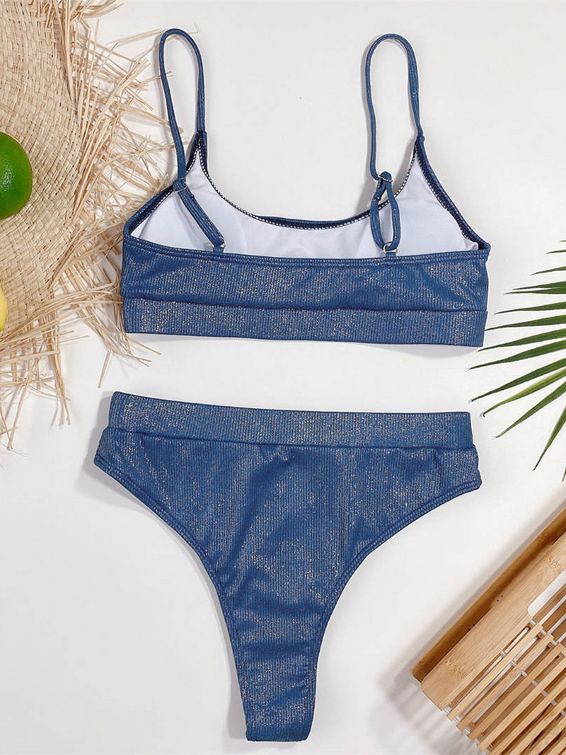 Novi seksi sjajni rebrasti bikini visokog struka Ženski kupaći kostim Ženski kupaći kostim Dvodijelni komplet bikinija Kupaći kostim Swim Lady V2898