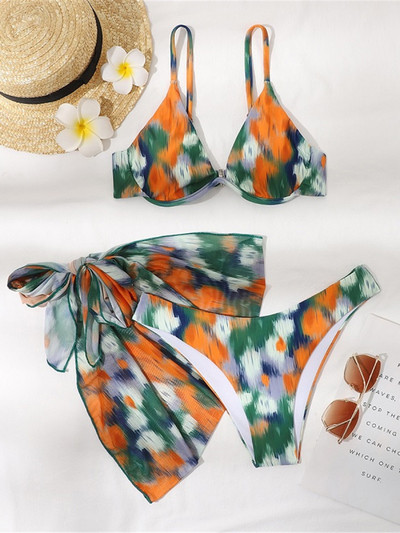 Apdrukāts ar Sarong Underwired Bikini Sieviešu peldkostīmi Sieviešu peldkostīms Trīsdaļīgs bikini komplekts peldkostīms peldkostīms, dāma V3455