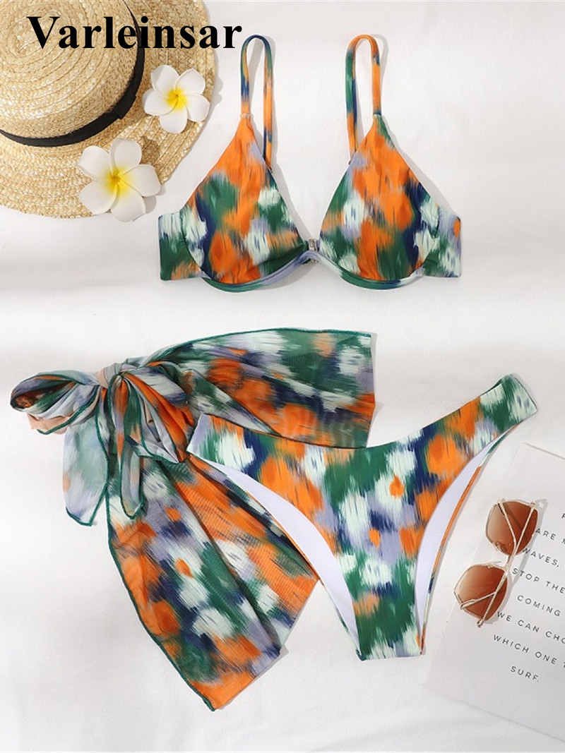 Apdrukāts ar Sarong Underwired Bikini Sieviešu peldkostīmi Sieviešu peldkostīms Trīsdaļīgs bikini komplekts peldkostīms peldkostīms, dāma V3455