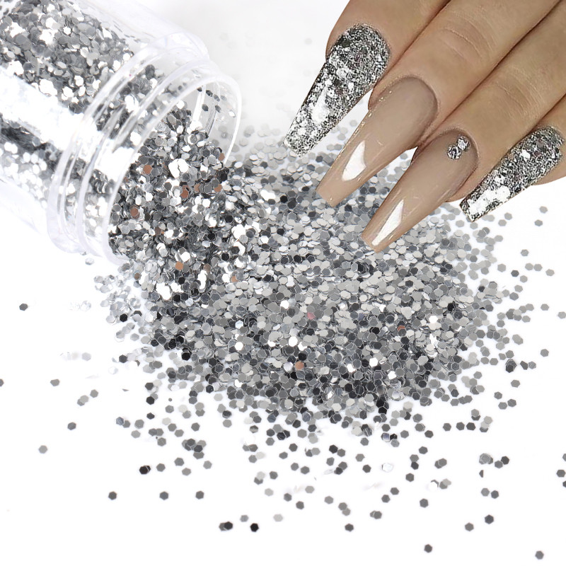 6Gb/komplekts Spīdīgi sešstūra nagu vizuļi Baltā Zelta Glitter Flakes Manikīra dizains Nagu mākslas dekori Aksesuāri DIY nagu želejai