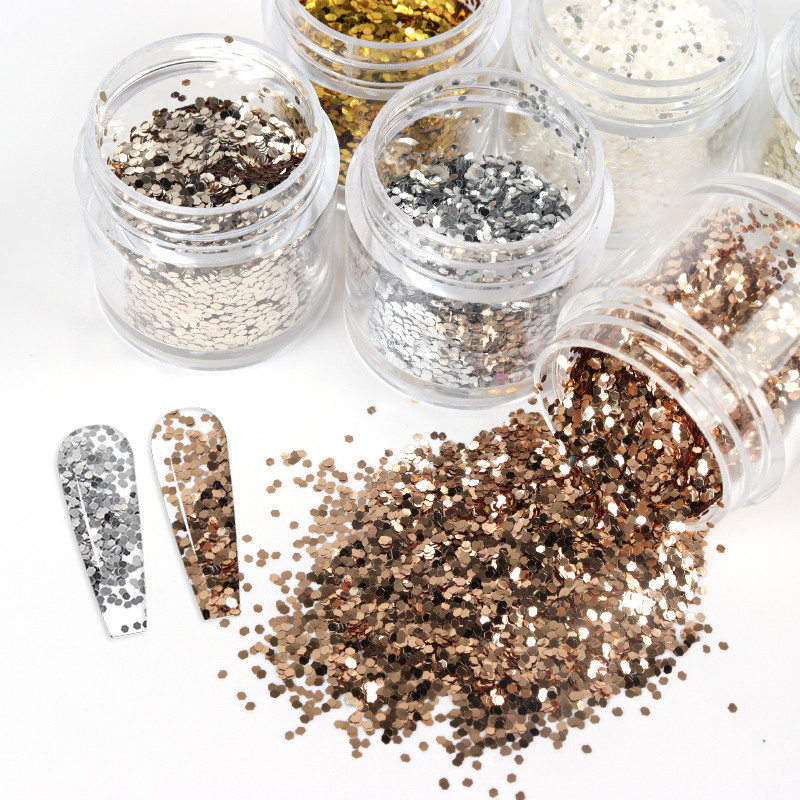 6Gb/komplekts Spīdīgi sešstūra nagu vizuļi Baltā Zelta Glitter Flakes Manikīra dizains Nagu mākslas dekori Aksesuāri DIY nagu želejai