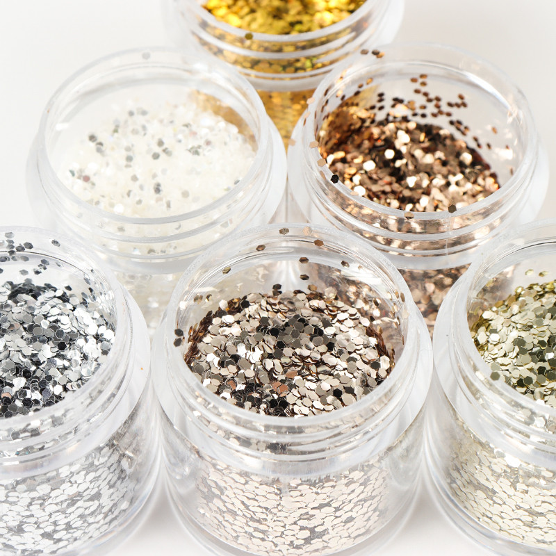 6Gb/komplekts Spīdīgi sešstūra nagu vizuļi Baltā Zelta Glitter Flakes Manikīra dizains Nagu mākslas dekori Aksesuāri DIY nagu želejai